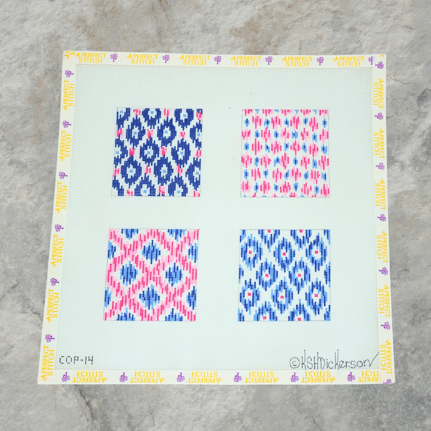 Kate Dickerson |  COP-14 Ikat Blue and Pink Coasters | Canvas